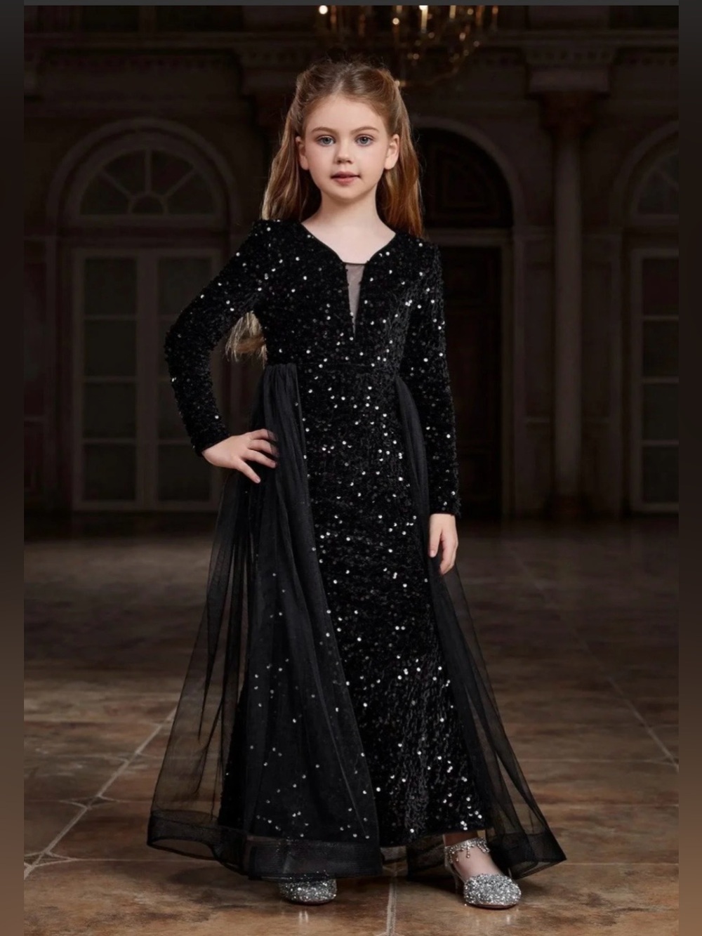 Girls Size 11 Black Sequin Velvet Tulle Formal Maxi Dress